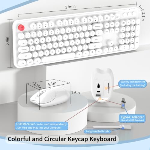 Wireless Keyboard Mouse, MOFII 104 Keys Cute Retro Typewriter White
