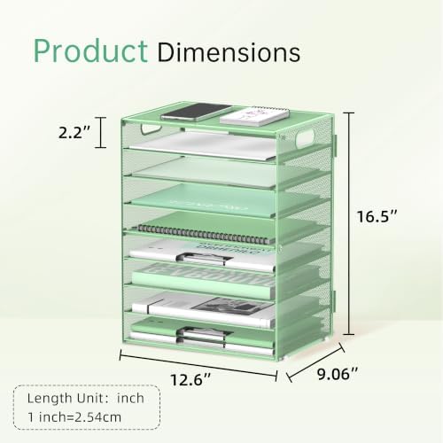 9-Tier Paper Organizer for Desk, Metal Letter Tray with Handles, Mint Green