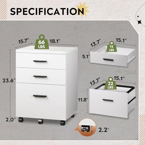 DEVAISE 3 Drawer File Cabinet, Wood Under Desk Filing Cabinet, White