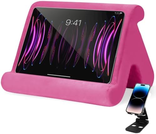 Universal Multi-Angle Tablet Stand Holder-Soft Pad Stand with black phone holder for Lap,Knee,Sofa and Bed,Compatible with iPad Pro 9.7,10.5,12.9 Air Mini 4 3,Kindle,Galaxy Tab,E-Reader (Pink)