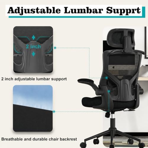 Office Desk Chair for Long Hours & Back Pain Relief – 4“ Thick Molded Foam Cushion, Enhanced Lumbar Support, Padded Flip-up Armrests, Ideal for Office or Study (Black-HR)