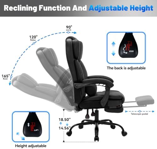 600LBS Executive Office Chair with FootRest for Heavy People High Back Ergonomic Gaming Chair with Lumbar Support Reclining Home Office Desk Chair with Pocket Spring Cushion Breathable Leather (BLACK)