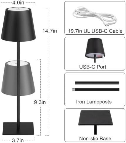 Kakanuo Cordless Rechargeable Table Lamp Black 5000mAh Battery Operated Lamps, 3 Colors Stepless Dimming Touch Lamp for Dining, Living Room, Outdoor Patio, Kitchen Counter, 4 Pack