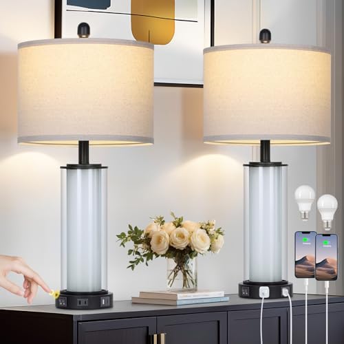 Black Glass Table Lamps Set of 2, 26" Living Room Lamp with Built-in Frosted Glass Night Light, Modern Bedroom Lamp with USB C+A Ports & AC Outlet, Bedside Lamps for Nightstand (4 Bulbs Included)