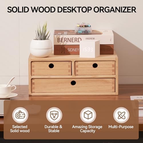 KIRIGEN Wood Desk Organizer with 3 Drawers, Desktop Storage, Natural 23-NA