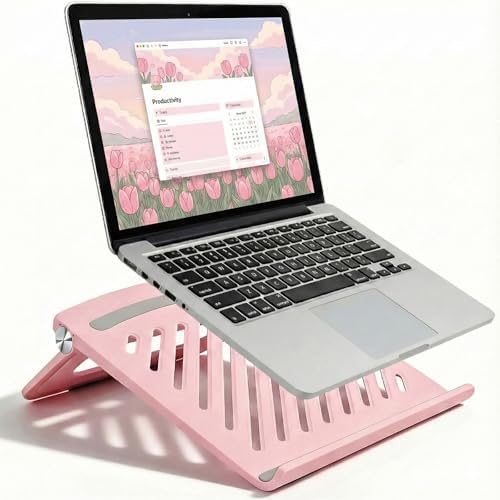 Pink Laptop Stand for Desk, Foldable Adjustable Laptop Riser