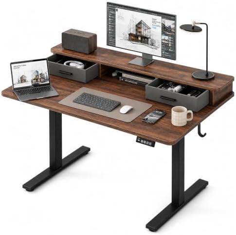 Grandder Electric Standing Desk with Two Drawers, Sit to Stand Up Height Adjustable Desk with Storage Shelf for Home Office, 47 * 24 Inch, Study, Ergonomic Adjustable Computer Desk, Walnut