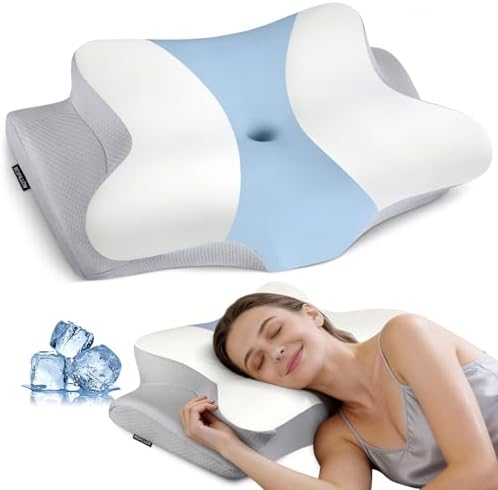 Cervical Pillow for Neck Pain Relief, Ergonomic Neck Pillow for Sleeping, Contour Side Sleeper Pillow for Neck Support, Orthopedic Cooling Memory Foam Pillows for Back Stomach Sleepers (White & Blue)