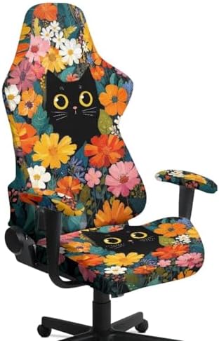 Cat Floral Print Gaming Chair Cover with Armrest Covers Non Slip Universal Furniture Protector Stretchable Anti Scratch Gamer Chair Slipcover