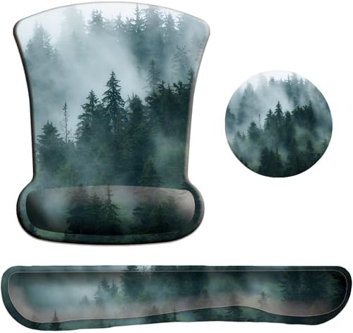 Keyboard Wrist Rest Pad Mouse Pad with Wrist Support Set of 3, Gaming Mousepad with Non-Slip Rubber Base, Ergonomic Memory Foam Mouse Cushion Support for Home Office Laptop Computer, Forest