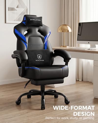 GTPLAYER Big and Tall Gaming Chair with Footrest, High Back Ergonomic Office Chair for Adults, Heavy Duty 350 lbs Capacity, Premium Leather & Iridescent Trim, ACE-Armor, Blue