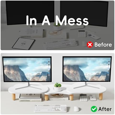 AFOOYO Dual Monitor Stand Riser,Rainbow Cloud Desktop Computer Stand for 2 Monitors,Adjustable Length and Angle Multifunctional Desktop Organizer Stand for Laptop, PC, Computer, Printer,White