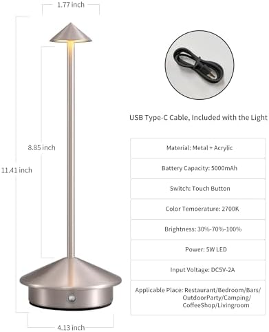 Modern Cordless Table Lamp Set of 2, Brushed Nickel LED Desk Lamps