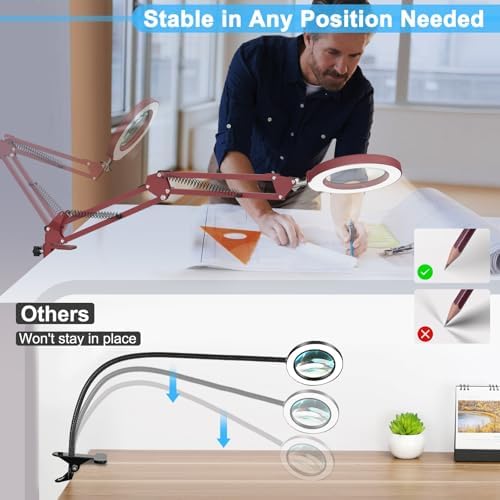10X Magnifying Glass with Light and Clamp, Real Glass Stand Lighted Magnifier, 5 Color Modes Stepless Dimmable LED Desk Lamp Hands Free for Crafts Hobby Reading Painting Sewing Close Work - Red