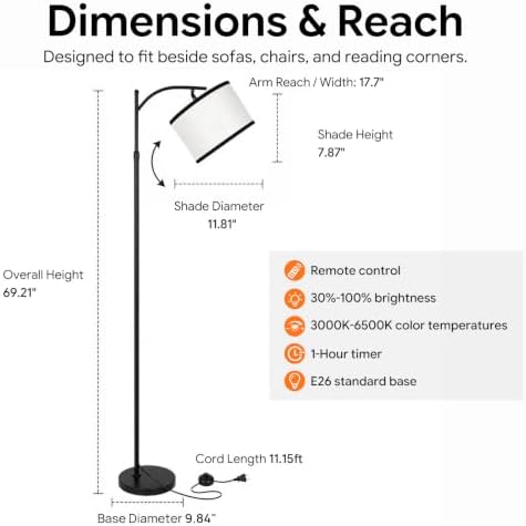 BySea Dimmable Arc Floor Lamp, Adjustable Over Couch Lamp, Remote Control