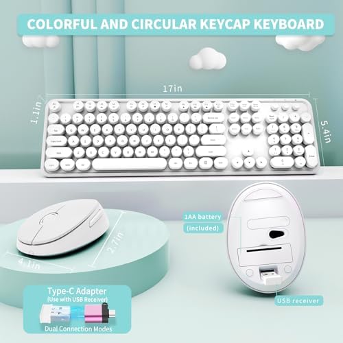 Wireless Keyboard and Mouse Combo, Ergonomic Full Size Typewriter Retro Round Keycaps Keyboard, Compatible with Windows, PC, Perfer for Home and Office Keyboards（White）