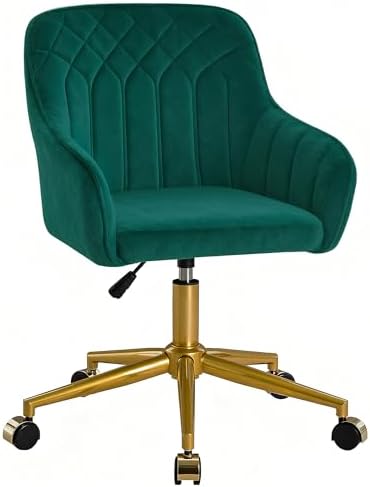 VECELO Modern Velvet Swivel Home Office Desk Chair with Back & Rolling Wheels, Adjustable Seat Height for Girls Women Bed Room Vanity Makeup/Task/Computer Work, Green