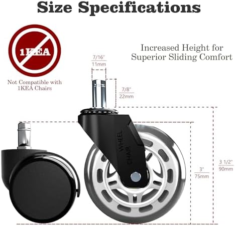 3 Inch Office Chair Casters Heavy Duty (5-Pack) - 650LBS Capacity PU Wheels,Office Chair Wheels Replacement，Non-Marking Hardwood Floor Safe,Fits Standard 7/16" x 7/8" Stem Chairs