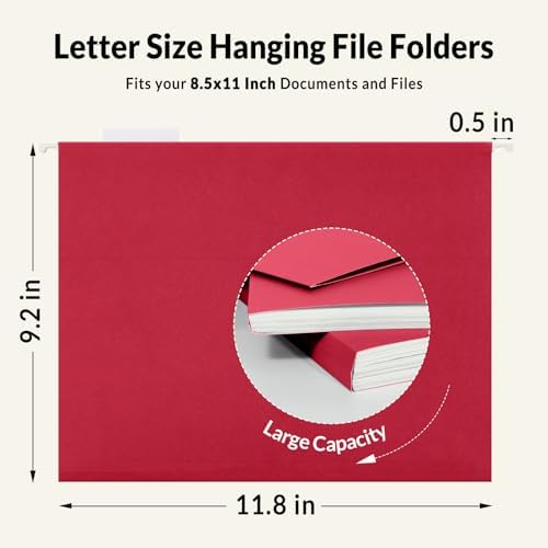 SUNEE Hanging File Folders, 25 Pack Letter Size Hanging File Folders with 1/5-Cut Tabs, Ideal for Home and Office Organization and Papers Classification,Red