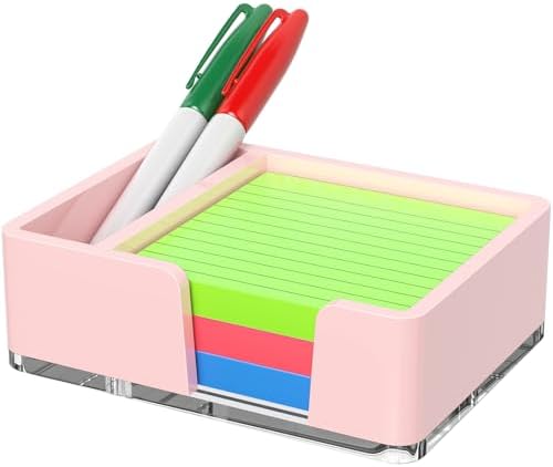Sticky Note Holder with Pen Slot, Pink Acrylic Notepad Holder 3x3 in Self-Stick Note Dispenser Office Desk Accessories, Memo Pad Holder Organizer for Classroom School Supplies