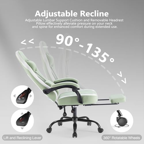 NEWBULIG Gaming Desk Chair - High Back Computer Office Chair with Footrest and Headrest, Comfy Ergonomic Lumbar Support with Linkage Armrests, Height Adjustable and 360° Swivel Wheels, Green