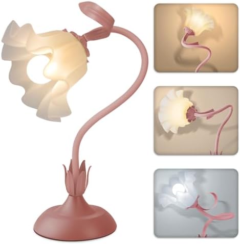 Women Bedside Table Lamps for Bedroom, Cute Flower Desk Lamp with Adjustable Flexible Gooseneck, 3 Color Temperatures Nightstand Lamp with E26 LED Bulbs, Floral Lamp for Living Room, Office,Reading