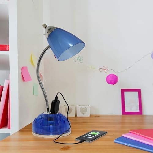 Simple Designs LD1015-CBL-LB 19.5" Flossy Organizer Desk Lamp with Charging Outlet Lazy Susan Base and LED Bulb, Blue