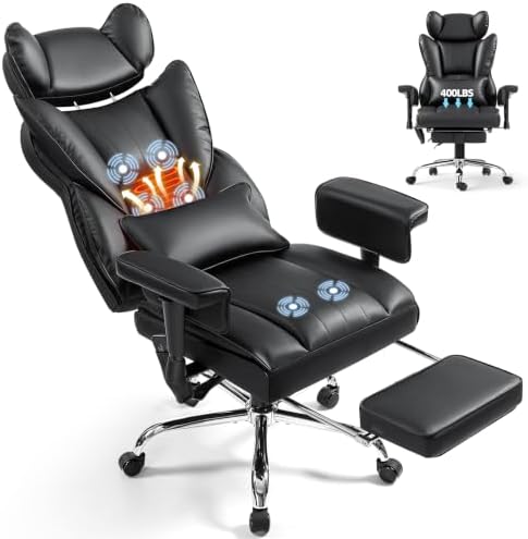 6 Points Massage Heated Home Office Chair with Foot Rest, Black