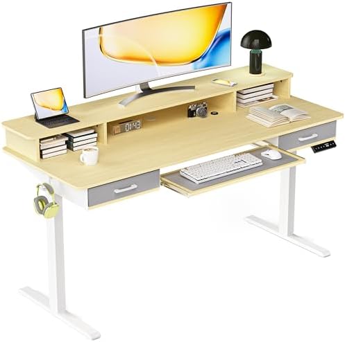 Electric Standing Desk with Keyboard Tray, 63x24 Inches Height Adjustable Stand up Desk with 2 Drawers, Ergonomic Sit to Stand Table with Storage Monitor Stand, Oak