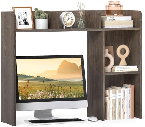 GIANTEX Desktop Bookshelf, Wood Desk Hutch Organizer for 27 Inch Computer Monitor, Countertop Storage Display Rack with 5 Shelves, Multipurpose Desktop Shelf Bookcase for Dorm Office Home (Grey Oak)
