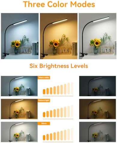 Eye-Caring Adjustable LED Reading Clamp Desk Lamp with 48 LEDs Flexible Neck, 3 Color Modes & 11 Brightness Levels for Office Bedroom Study (Black)