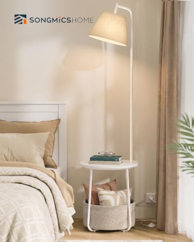 SONGMICS HOME Side Table with Storage Basket, Small Round Table Night Stand, 18.2 x 18.2 x 63.8 inches, 1-Pack, for Living Room Bedroom, Matte White ULFL004WC01SH