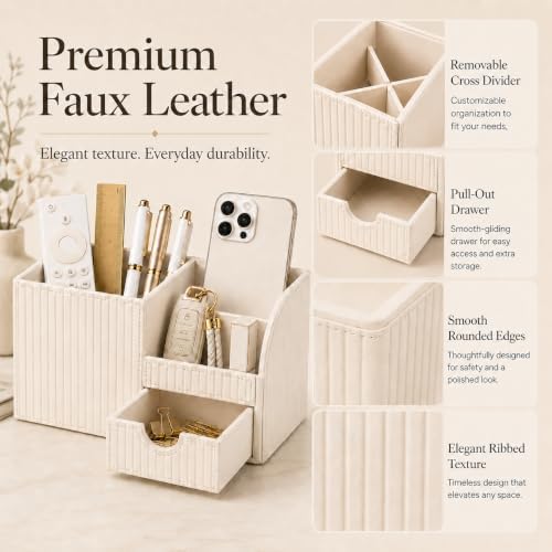 KINGFOM Luxury PU Leather Desk Organizer with Drawer, Modern Aesthetic Office Desk Accessories for Women, Multi-Compartment Pen Holder & Desktop Storage Organizer for Home Office, Cream White