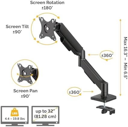 Fellowes Everyday Plus Single Gas Spring Monitor Arm Supports up to 32" Screens Weighing 4.4-19.84 lbs, Height Adjusting, Tilt, Swivel, Rotate, VESA 75/100, Clamp or Grommet Mount, Cable Management