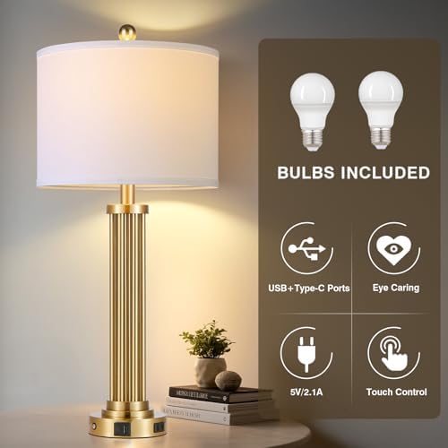28" Tall Modern Table Lamp with USB C+A Ports and AC Outlet, 3 Way Touch Metal Bedside Lamps for Bedroom, Gold Nightstand Lamps for Living Room