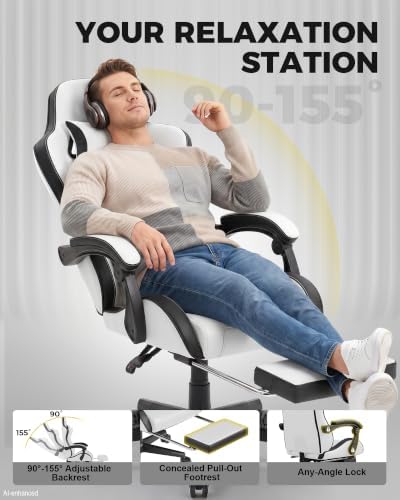LUCKRACER Gaming Chair with Pocket Spring Cushion and Footrest, PU Leather 90°-155° Reclining Computer Chair, 4.5" Height Adjustment, Ergonomic Office Chair with Lumbar Support, White