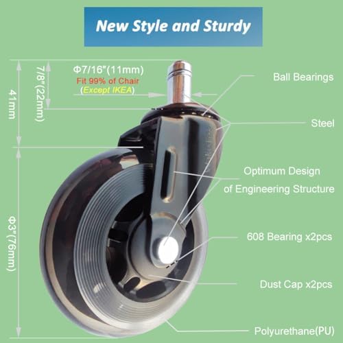 Premium Office Chair Wheel Set with Removal Tool. Flexible&Durable.