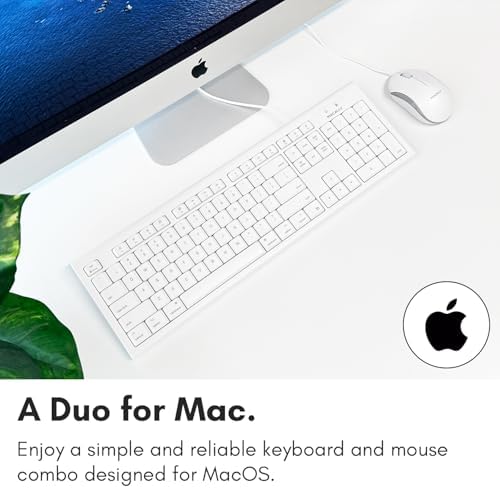 Macally Full Size USB Wired Mac Keyboard and Mouse Combo - Compatible Ergonomic Apple Keyboard and Mouse with Shortcuts and Number Keypad for Mac mini Pro, iMac Computer, MacBook Pro Air Laptops