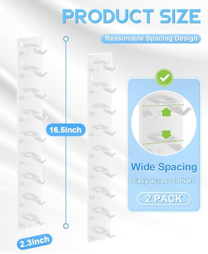 2 Pack Hat Organizer for Baseball Caps, Strong Adhesive Hat Rack for Wall, Multilayer Hat Storage Display Holder for Door Closet, Cap Organizer Storage Wall Mounted Hat Hooks Hold up to 18 Hat (White)