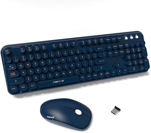 FOPETT Wireless Keyboard and Mouse Combo, 104 Keys Full-Sized 2.4 GHz Round Keycap Colorful Keyboards, USB Receiver Plug and Play, for Windows, Mac, PC, Laptop, Desktop (DarkBlue)