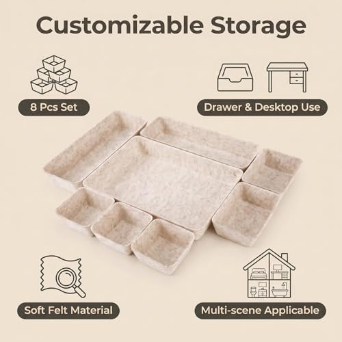 Felt Desk Drawer Organizer, 8pcs Shallow Storage Trays Bins, Office Accessories Box Inserts College Jewelry & Makeup Boxes Containers(Beige)