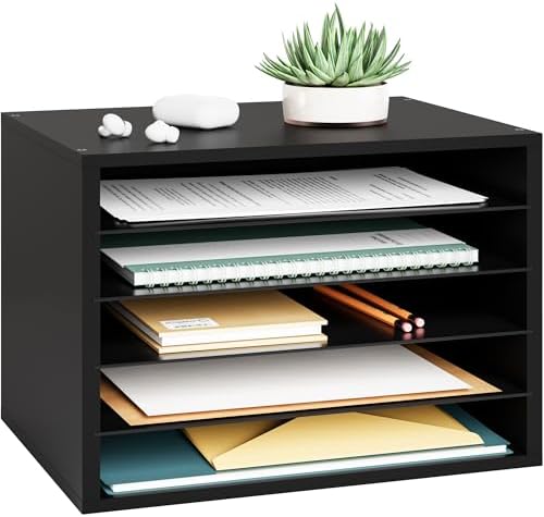 Ballucci 5 Tier Paper Organizer Letter Tray, Wood Desk File Organizer with Adjustable Shelves, Home Office School Letter/A4 Mail Sorter Magazine Holder - Black
