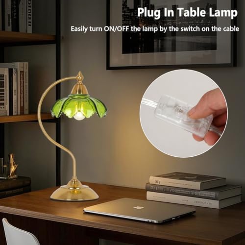 Glass Beside Table Lamp for Bedroom, Plug In Gold Desk Lamp, Vintage Flower Nightstand Lamp, Table Lamps for Living Room, Small Desk Lamps for Home Office, Green Table Light, Flower Lamp Decoration