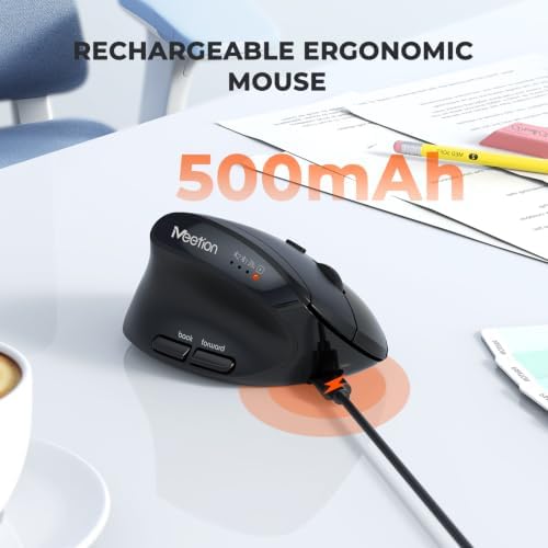 MEETION Left-Handed Ergonomic Vertical Mouse, Wireless, Rechargeable, Black