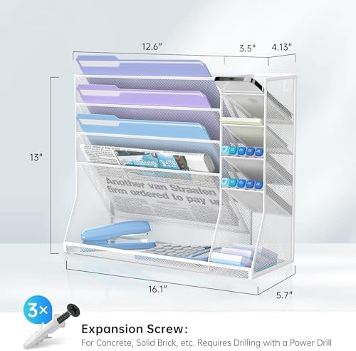 5-Tier Wall File Organizer and Wall File Holder with Bottom Tray, White