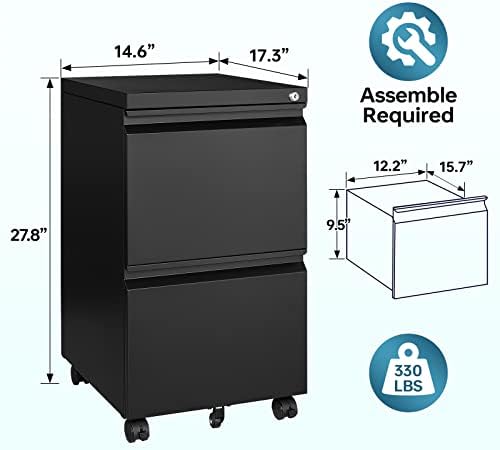 MIIIKO 2 Drawer File Cabinet on Wheels, Home Office Mobile Under Desk with Lock, Vertical Files Drawers for Legal/Letter/A4,Fully Assembled