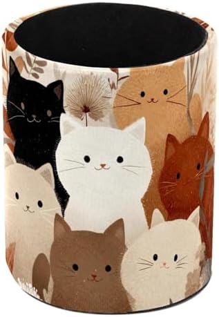 Leather Pen Holder for Desk, Colored Cats Pattern Pencil Cup Pen Organizer Makeup Brush Holder for Office Home Kids Countertop Desk Accessory Storage