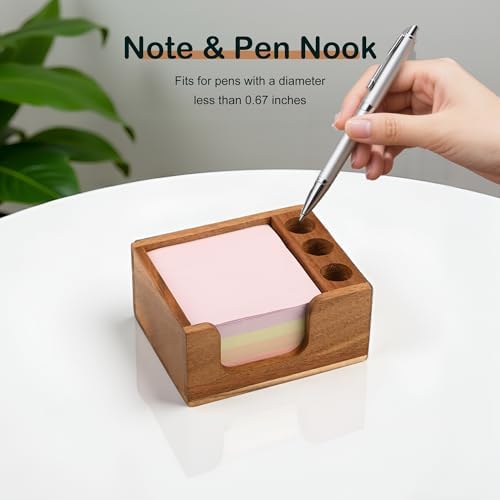 Acacia Wood Sticky Note Holder with 3 Pen Holders, 3x3 Post It Note Dispenser with Anti-Slip Pads, All-in-One Wooden Desk Organizer for Office Home School (4.0“x3.5"x2")