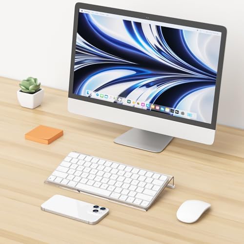 Richboom Computer Keyboard Stand for Desktop, 11.8" Tiny Clear Acrylic Keyboard Riser 78 Keys Compact Keyboard Lift for Desk Ergonomic Short Keyboard Holder Tray with White and Purple Silicone Strip