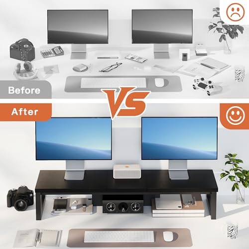Dual Monitor Stand Riser, Wood and Steel Monitor Stand for Desk, Multi-Purpose Desk Shelf Organizer for Computer, Laptop, Printer, TV, Black